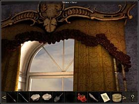 Pora na ostatnie działania w gabinecie, czyli pozyskanie sznura od kotary przy oknie, który idealnie nada się na linę niezbędną do opuszczenia się po murze - Gabinet kardynała; szczyt muru, ulica - Watykan, 8 listopada 2008 - Chronicles of Mystery: Rytuał Skorpiona - poradnik do gry