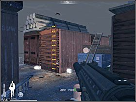 Po drugiej stronie, zwracając się w lewą stronę, zauważysz kolejny kontener, lecz tym razem z drabiną - Etap XIII - Barge (cz.2) | Quantum of Solace - Quantum of Solace - poradnik do gry