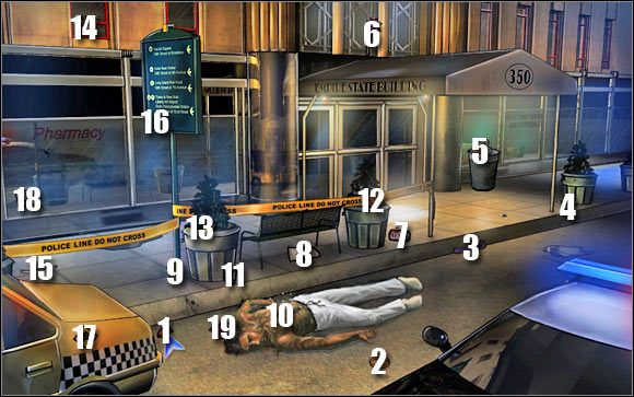 Powyższe zdjęcie prezentuje zestawienie wszystkich interaktywnych przedmiotów, których zbadanie lub zebranie ważne jest dla posunięcia śledztwa do przodu - Exterior Empire State Building | Odcinek 1 | CSI NY - CSI: NY - poradnik do gry