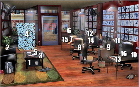 Pierwsza mini-gra: Kliknij na tablicy ze wzorami tatuaży (punkt 4) - Hot Points Tattoo Parlor | Odcinek 1 | CSI NY - CSI: NY - poradnik do gry