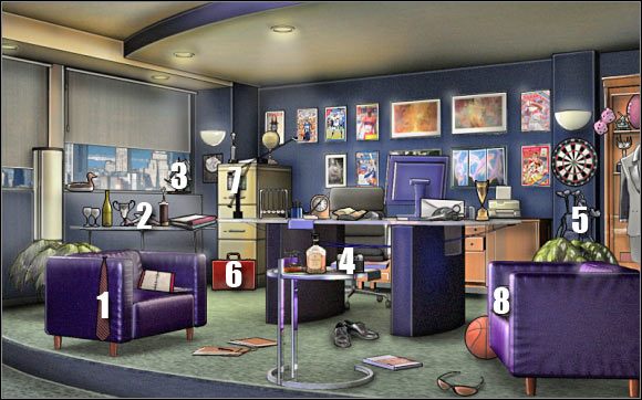 Pierwsza mini-gra: Kliknij na układance znajdującej się na szafce (punkt 7) - Linc Sarks office | Odcinek 1 | CSI NY - CSI: NY - poradnik do gry