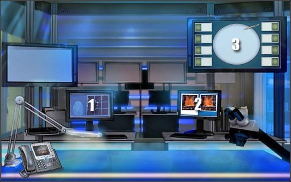 Pierwsza mini-gra: Kliknij na lewym dolnym komputerze (punkt 1) - Crime lab | Odcinek 3 | CSI NY - CSI: NY - poradnik do gry