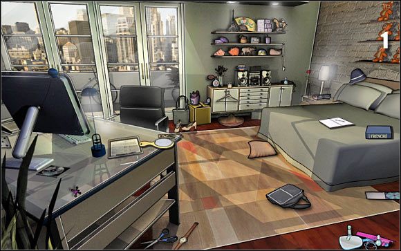 Pierwsza mini-gra: Kliknij na pluszowych misiach znajdujących się na prawej ścianie (punkt 1) - Beths bedroom, Red Brick Condos #2 | Odcinek 4 | CSI NY - CSI: NY - poradnik do gry