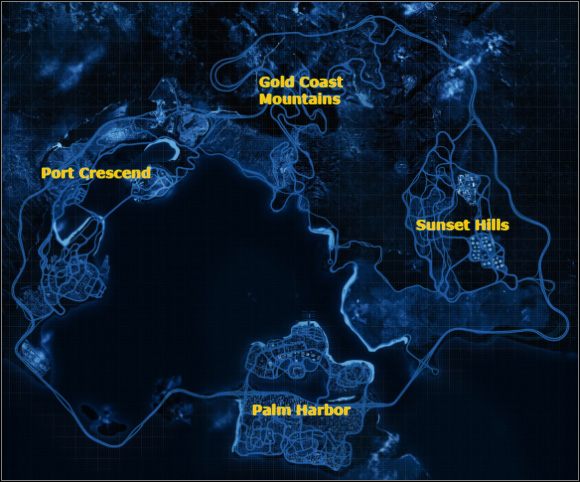 Tri-City Bay składa się z czterech obszarów - nazwijmy je dzielnic - Poradnik do gry - Mapa | Need for Speed Undercover - Need for Speed: Undercover - poradnik do gry