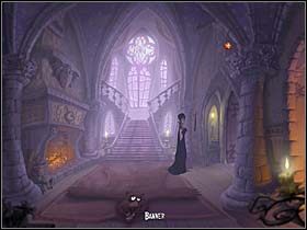 W holu dostrzega wiszący na ścianie (po prawej, tuż przy wejściu na schody) zardzewiały miecz i uznaje, że może on okazać się przydatny (kliknij na nim LPM i przytrzymując klawisz myszki, wybierz ikonkę dłoni, a wizerunek miecza pojawi się w ekwipunku) - Most, hol, sypialnia, balkon - Zamek Warg - A Vampyre Story - poradnik do gry