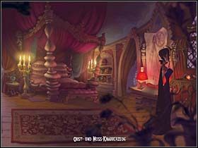 Teraz nasza bohaterka kieruje się na schody, na wprost których widnieje piękne ozdobne okno i dociera do oddanego do jej dyspozycji apartamentu - Most, hol, sypialnia, balkon - Zamek Warg - A Vampyre Story - poradnik do gry