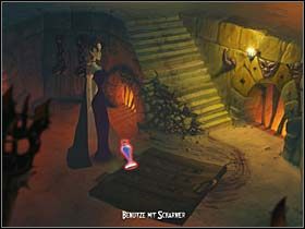 Przygląda się też łańcuchom na ścianach oraz wyrytym obok nich napisom - Sala tortur, loch - Zamek Warg - A Vampyre Story - poradnik do gry