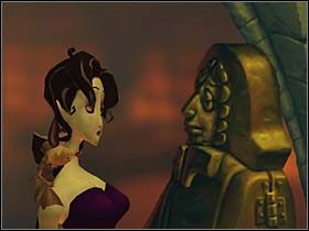 Kobieta przygląda się także groteskowej fontannie, nawet próbuje nawiązać z nią dialog, ale kamienna morda wyrzucająca wodę wydaje z siebie tylko bulgot - Sala tortur, loch - Zamek Warg - A Vampyre Story - poradnik do gry