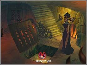 Na koniec powraca do lochu, gdzie dokańcza oliwienia zawiasów miksturą wyciśniętą z orzeszków, po czym łapie za uchwyt i bez problemu unosi klapę - Sala tortur, loch - Zamek Warg - A Vampyre Story - poradnik do gry