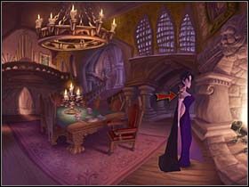 Przejście obok zbroi (po lewej) prowadzi na przystań, obok wiszących na ścianie toporków (na wprost) - na most, natomiast Mona wędruje w prawo, ogląda portret wiszący nad kominkiem i wreszcie maszeruje do kuchni (przejście na prawo od schodów) - Przystań, jadalnia, kuchnia, sala tortur - Zamek Warg - A Vampyre Story - poradnik do gry