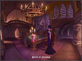 Po uwieńczonej sukcesem akcji Mona postanawia troskliwie opatulić głowę Rufusa gobelinem , po czym przez metalowe drzwi (po prawej) maszeruje do jadalni - Balkon sypialni, most, jadalnia - Zamek Warg - A Vampyre Story - poradnik do gry