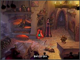 W kuchni ustawia kociołek ze składnikami na kratce paleniska - Laboratorium, kuchnia - Zamek Warg - A Vampyre Story - poradnik do gry