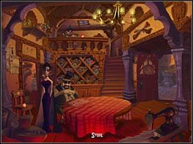 Tu jej uwagę zwracają szalejące na pięterku dzieciaki, gburowaty mąż właścicielki lokalu, z którym Mona zamienia parę słów, wisząca na wystawie dziecinna sukieneczka i stojące przy drzwiach do kuchni drewniane krzesło - Stajnia, salon modystki - Miasteczko Vlad's Landing - A Vampyre Story - poradnik do gry