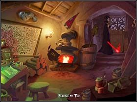 Następnie wypożycza stojący w beczce obok szpadla kilof i podważa nim nieco drzwi, robiąc pod nimi szparę - Cmentarz, biuro cmentarza, grób Mony - Miasteczko Vlad's Landing - A Vampyre Story - poradnik do gry