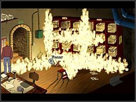 W tym momencie do archiwum wpada coś w rodzaju koktajlu Mołotowa i zaczyna rozprzestrzeniać się pożar (warto zapisać stan gry) - France Nationale; Rue Jarry | Paryż - Broken Sword 2,5: The Return of the Templars - poradnik do gry