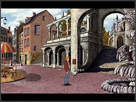 Zniechęcony George opuszcza świątynię i natychmiast przyuważa lupę (to się nazywa mieć szczęście), leżącą na bruku tuż poniżej schodów - Muzeum Crune; Cafe de la Chandelle Verte | Paryż i Tomar - Broken Sword 2,5: The Return of the Templars - poradnik do gry