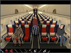 Z całym tym arsenałem nasz bohater maszeruje do zagadywanego już pasażera po prawej i tym razem podaje się za stewarda (wybierz ikonkę Georgea w granatowym uniformie) - Samolot | Chiny | Broken Sword 2,5 The Return of the Templars - Broken Sword 2,5: The Return of the Templars - poradnik do gry