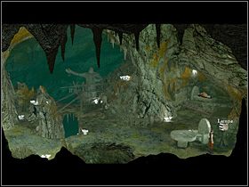 Nasz bohater dochodzi do wniosku, że jeśli zgasi świecące w jaskini lampy (3), to krążące wokół nich ćmy zlecą się do jedynego źródła światła, czyli kryształu i w ten sposób przesłonią nieco bijącą z niego jasność - Zastawić pułapkę na potwora | Jaskinia | Zaginiona historia Tale of Hero - Zaginiona historia: Tale of Hero - poradnik do gry