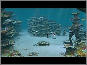 Wyszedłszy na zewnątrz, nasz bohater kieruje się w dalszą część oceanu (znak zapytania w dole ekranu) - Otworzyć skrzynkę; Zdobyć grudkę śmiechoplujki | Głębiny oceanu - Zaginiona historia: Tale of Hero - poradnik do gry