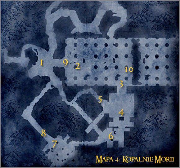 Legenda: 1 - miejsce startu oraz punkt kontrolny - Misja 3 - Odzyskanie kopalni Morii (cz.1) - Kampania sił dobra - Władca Pierścieni: Podbój - poradnik do gry
