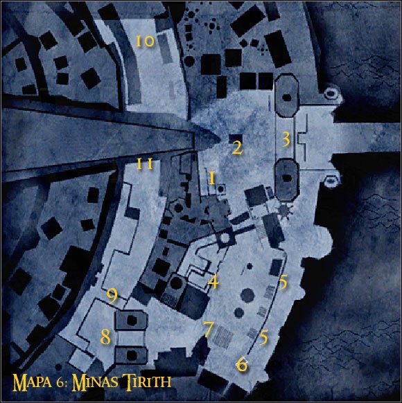 Legenda: 1 - miejsce startu oraz punkt kontrolny - Misja 5 - W obronie Minas Tirith (cz.1) - Kampania sił dobra - Władca Pierścieni: Podbój - poradnik do gry