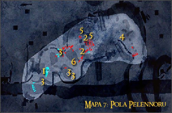 Legenda: 1 - miejsce startu oraz punkt kontrolny - Misja 6 - Szarża na Polach Pelennoru (cz.1) - Kampania sił dobra - Władca Pierścieni: Podbój - poradnik do gry