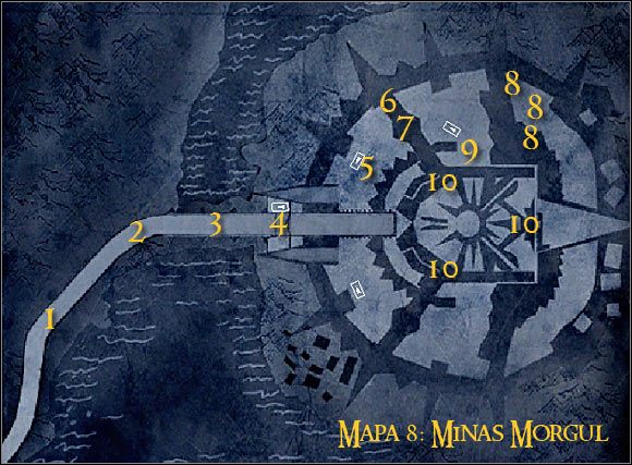 Legenda: 1 - miejsce startu oraz punkt kontrolny - Misja 7 - Zniszczenie Minas Morgul (cz.1) - Kampania sił dobra - Władca Pierścieni: Podbój - poradnik do gry