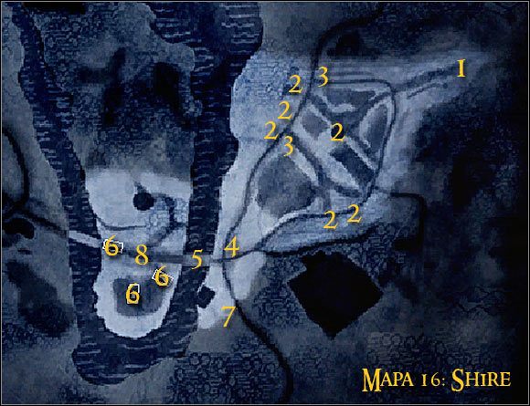 Legenda: 1 - miejsce startu oraz punkt kontrolny - Misja 7 - Zburzenie Shire (cz.1) - Kampania sił zła - Władca Pierścieni: Podbój - poradnik do gry