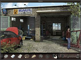 Wypożyczone w Paryżu autko niezbyt dobrze zniosło trudy podróży i Nicole zmuszona jest pozostawić je w warsztacie samochodowym - Warsztat; antykwariat; fontanna; sklep | Hiszpania, Azarra - Art of Murder: Klątwa Lalkarza - poradnik do gry