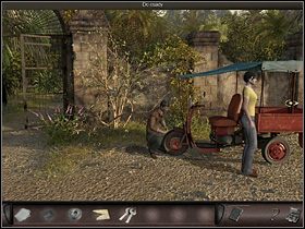 Znalazłszy się z powrotem za bramą, agentka zagaduje sympatycznego tubylca Manuela, naprawiającego swój pojazd pod murem po prawej - Hacjenda rodziny de Bougainville | Kuba, Posiadłość Montoute - Art of Murder: Klątwa Lalkarza - poradnik do gry