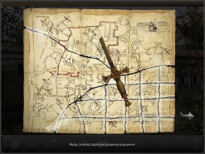 Sztylet należy tak ulokować na mapie, by słoneczko w centrum jego rękojeści znalazło się na odpowiadającym mu ornamencie w środku mapy, tym samym, na którym wcześniej lokowana była główka klucza (przeciągnij go w to miejsce LPM), a trójkąty stanowiące boczne ramiona rękojeści pokryły się z trójkąc - Cmentarz Montmartre (2) | Francja, Paryż | Art of Murder Klątwa Lalkarza - Art of Murder: Klątwa Lalkarza - poradnik do gry