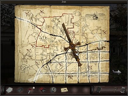 Na rękojeści sztyletu (w jej połowie) znajduje się znak, będący tak naprawdę bolcem, na którym trzeba teraz osadzić klucz (tym razem nie będzie komentarza ze strony bohaterki, wystarczy przeciągnąć klucz na znak na sztylecie) - Cmentarz Montmartre (2) | Francja, Paryż | Art of Murder Klątwa Lalkarza - Art of Murder: Klątwa Lalkarza - poradnik do gry