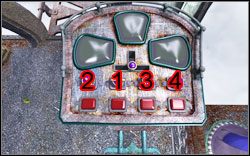 Po ustawieniu pokręteł w taki sposób, by wszystkie lampki świeciły się na czerwono, wciśnij uchwyt , po czym wciskaj pokrętła w kolejności pokazanej na rysunku obok (odpowiada ona znakowi na drzwiach, pamiętając o wprowadzaniu od dołu) - Rozdział II - Dragast (cz.1) | Opis przejścia Aura Fate of the Ages - Aura: Fate of the Ages - poradnik do gry