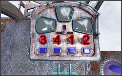 Po ustawieniu pokręteł w taki sposób, by wszystkie lampki świeciły się na niebiesko, wciśnij uchwyt , po czym wciskaj pokrętła w kolejności pokazanej na rysunku obok (odpowiada ona znakowi na drzwiach, pamiętając o wprowadzaniu od dołu) - Rozdział II - Dragast (cz.1) | Opis przejścia Aura Fate of the Ages - Aura: Fate of the Ages - poradnik do gry