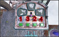 Po ustawieniu pokręteł w taki sposób, by wszystkie lampki świeciły się na zielono, wciśnij uchwyt , po czym wciskaj pokrętła w kolejności pokazanej na rysunku obok (odpowiada ona znakowi na drzwiach, pamiętając o wprowadzaniu od dołu) - Rozdział II - Dragast (cz.1) | Opis przejścia Aura Fate of the Ages - Aura: Fate of the Ages - poradnik do gry