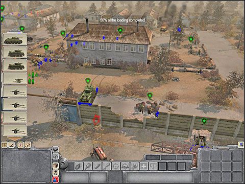 Tę garstkę piechoty, która stoi na placu możesz szybko skierować do dwóch hal fabrycznych (industrial facilities) w rogu planszy - Misja 2 Evacuation - Kampania radziecka - Men of War - poradnik do gry