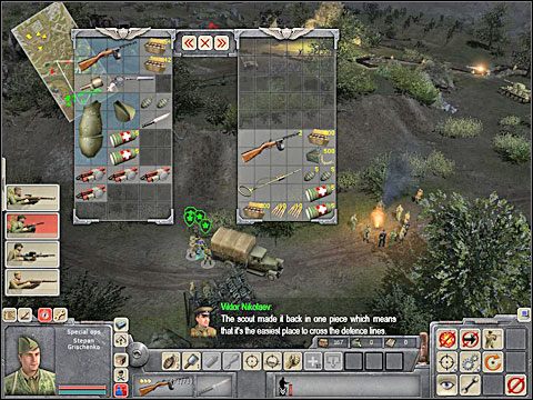 Na początek trzeba przekroczyć pierwszą niemiecką linię obronną na prawym skrzydle (otwierając okno celów misji i klikając na ikonę lornetki przy wybranym celu zorientujesz się gdzie konkretnie powinieneś się udać i jaką obrać drogę - gra wyświetli na mapie czerwone kółka układające się w stosowną - Misja 7 Behind Enemy Lines (cz.1) - Kampania radziecka - Men of War - poradnik do gry