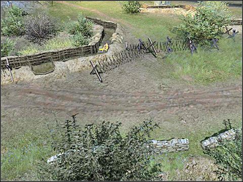 W pobliżu niej zobaczysz stanowisko szwabskiej armaty polowej z dwoma Niemiaszkami obsługującymi to działo, zaś w samym okopie - kolejnego Fryca za karabinem maszynowym i prawdopodobnie jeszcze jednego lub kilku ukrywających się w pobliżu - Misja 7 Behind Enemy Lines (cz.1) - Kampania radziecka - Men of War - poradnik do gry