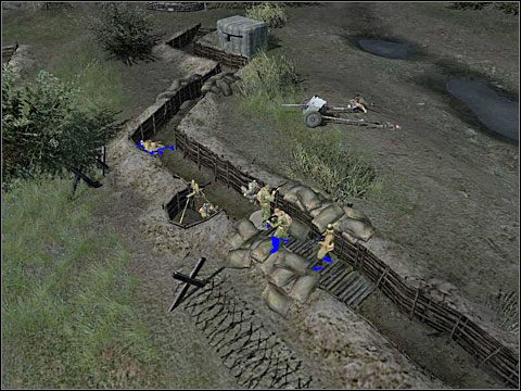 Najpierw odstrzel z wytłumionego pistoletu Niemiaszka obsługującego szperacz (reflektor), a potem podczołgaj się bliżej tego bunkra, armaty polowej i stanowiska moździerza przy urwisku - Misja 7 Behind Enemy Lines (cz.1) - Kampania radziecka - Men of War - poradnik do gry