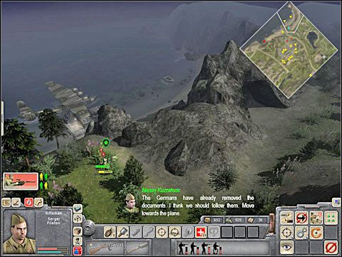 Po dotarciu nad brzeg morza ukryj się za jakimiś beczkami czy skrzynkami i powystrzelaj Niemców pilnujących hydroplanu oraz ewentualnie tych, którzy cały czas ścigają twój niewielki oddział - Misja 8 Chasing Shadows (cz.3) - Kampania radziecka - Men of War - poradnik do gry