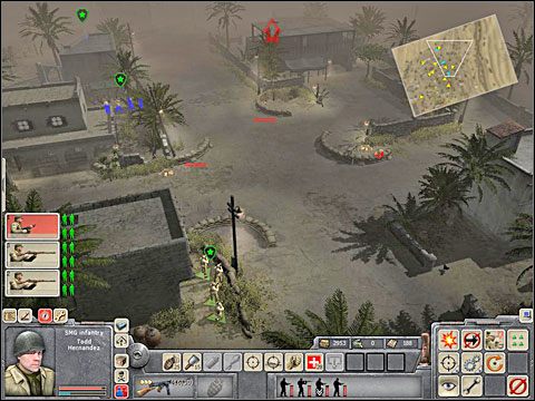 Podczas gdy drużyna, która wcześniej rozprawiła się z ckmem na podwyższeniu pod budynkiem przykuwa teraz uwagę niemieckich stanowisk, dwa pozostałe pododdziały ruszają w kierunku nieprzyjaciela, zachodząc go od tyłu - Misja 3 Meeting the Enemy (cz.1) - Kampania Aliantów - Men of War - poradnik do gry