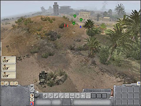 Na wieży sterczącej na skraju osady czai się niemiecki snajper, a pośród zabudowań kilku kolejnych Fryców - Misja 4 Disaster in Tunisia (cz.1) - Kampania Aliantów - Men of War - poradnik do gry