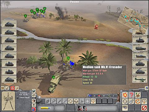 Bliżej centrum planszy i jakiejś osady tam się znajdującej ukryj 37mm pepanca (za linią palemek), czołg tuż koło budynku i drugi, odwrócony w lewo, za krzakami za wspomnianą chałupą - Misja 2 Scorching Sands (cz.2) - Kampania niemiecka - Men of War - poradnik do gry