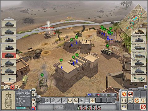 Na prawej flance ustaw 88m Flaka na wprost szerokiego przejścia, w krzakach przy strumieniu i jakiś czołg z boku, prostopadle do przemykających obok Brytyjczyków tak, by z prawej zasłaniała go linia palm - Misja 2 Scorching Sands (cz.2) - Kampania niemiecka - Men of War - poradnik do gry
