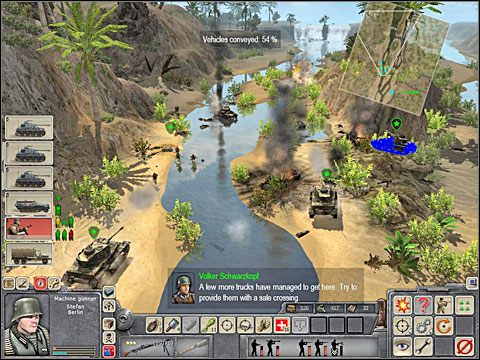 Swoją piechotę i sekcję zdobycznego ckm puść środkiem koryta rzeki, wdrapując się na wzniesienia nim biegnące, konkretnie na to ostatnie przed wodospadem - Misja 4 On the way to Tunis (cz.2) - Kampania niemiecka - Men of War - poradnik do gry