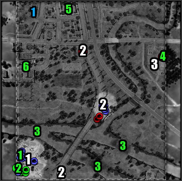 Oznaczenia na mapie - kolor biały (cele misji) - Misja 4 - The Great Divide (mapa) | Akt 1 | Codename Panzers - Zimna Wojna - Codename: Panzers - Zimna Wojna - poradnik do gry