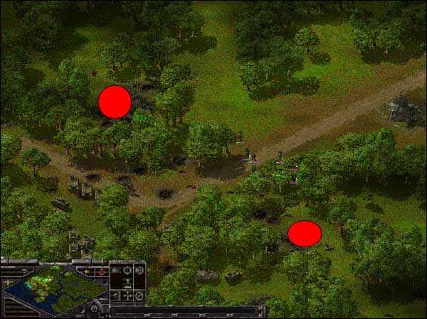 Na screenie powyżej czerwone kółka, to miejsca w który są ustawione granatniki - Alianci: Misja 4 - Sudden Strike - Opis przejścia gry po stronie Aliantów - poradnik do gry