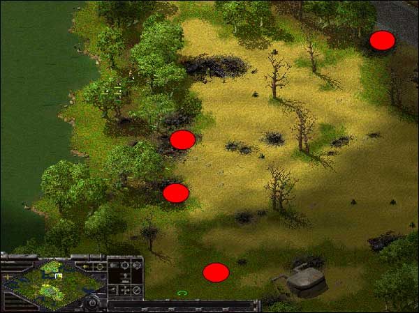 Czerwonym kolorem są zaznaczone wszystkie miejsca w których znajduje się wroga artyleria lub granatniki wroga - Alianci: Misja 8 - Sudden Strike - Opis przejścia gry po stronie Aliantów - poradnik do gry