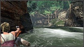 Nate lawirował między skałami, zatrzymując się co chwila, aby Elena pozbyła się beczek - Rozdział 12 Heading Upriver | Przygoda | Solucja Uncharted Drakes Fortune - Uncharted: Drakes Fortune - poradnik do gry