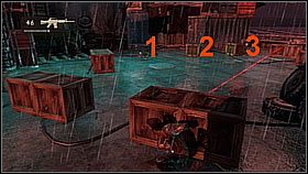 Drake szybko schował się za skrzyniami i ściągnął trzech wrogów (zaczynając od tego po prawej) unikając ognia swojego głównego przeciwnika - Rozdział 22 Showdown | Przygoda | Solucja Uncharted Drakes Fortune - Uncharted: Drakes Fortune - poradnik do gry